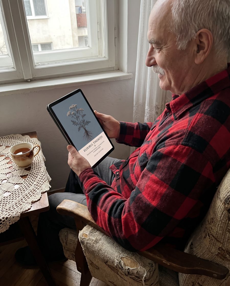 Un domn citește cartea pe tabletă, în fotoliu, lângă fereastră